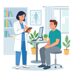 Fototapeta premium Doctor Consulting Patient in Clinic with Medical Chart and Computer, Flat Design Vector Illustration