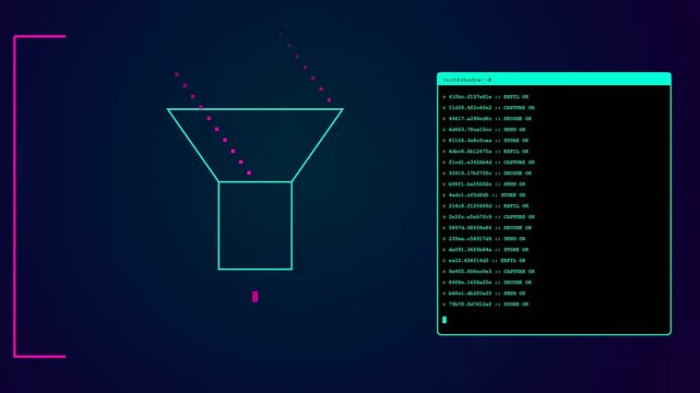 A digital phishing vector simulation shows data processing through a funnel graphic alongside a terminal window displaying scrolling command lines in an abstract dark interface