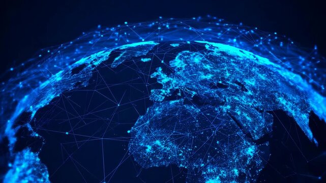 of a world map with interconnected lines representing global networks and connectivity.