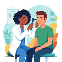 Fototapeta premium Doctor examining patient's ear with otoscope. Diverse medical professionals and patient care concept.