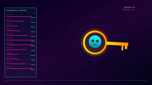 A digital phishing vector pattern animates across three panels showing a stylized glowing key icon inside a circle surrounded by streaming lists of data points