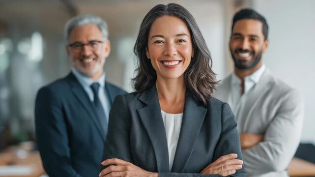 A smiling woman in a suit stands confidently between two men in professional attire in an office setting.