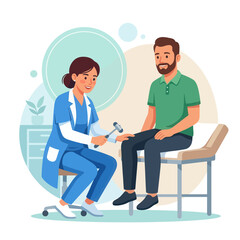 Obraz premium Doctor performs reflex test on patient's knee with reflex hammer, vector illustration of medical examination