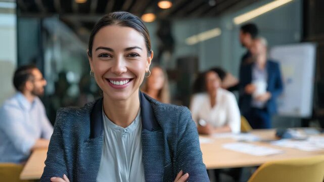 A young woman with a warm smile, wearing professional business attire, standing confidently at her desk in an office environment.