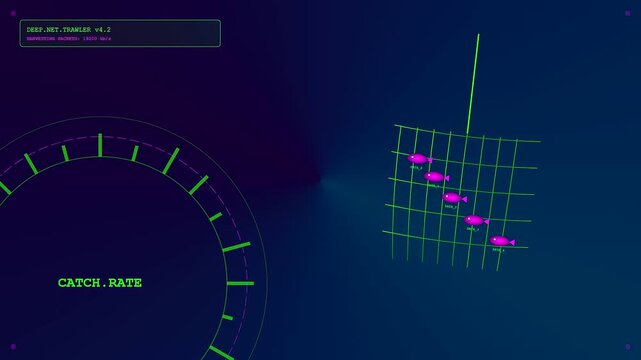 A digital phishing vector visualization shows purple icons moving through a glowing green data mesh grid against a dark blue gradient screen with circular radar UI