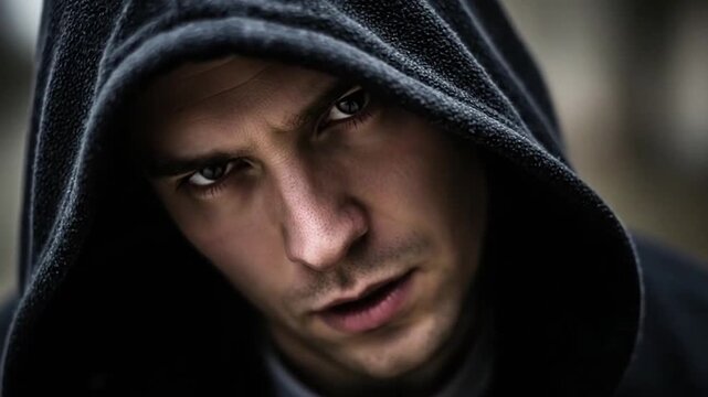 Hooded man with intense gaze and serious expression