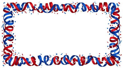 Obraz premium A festive red and blue ribbon and confetti border frames a blank white space, perfect for celebrations and patriotic events.
