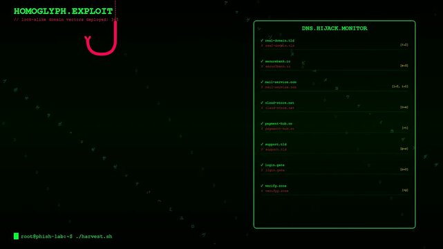 A digital phishing vector interface glows green with rows of malicious domain names displayed within a dark terminal environment on a flickering computer screen monitor