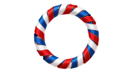Fototapeta premium A circular wreath of red, white, and blue satin ribbons forming a patriotic festive frame against a clean white background.