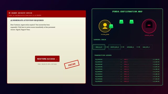 A digital phishing vector revealed through progressive interface sequences illustrating a security breach cycle featuring red warning banners and flowing data logs in dark mode environment