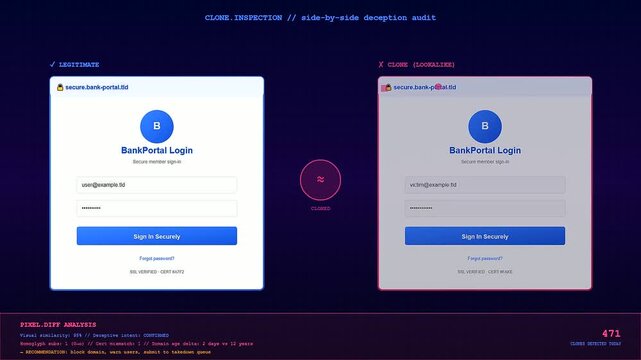 A digital phishing vector simulation shows website cloning comparisons on a dark screen displaying login forms with repeated errors and highlighted text fields for security analysis