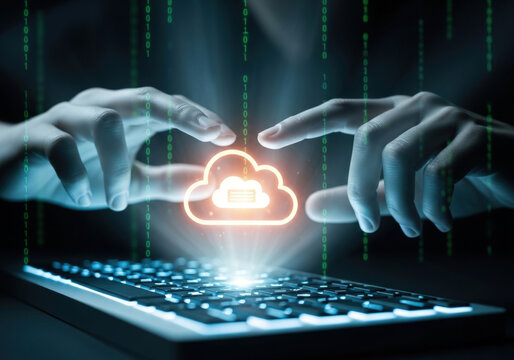 Innovative cloud computing technology concept with hands interacting over a keyboard and digital binary code streams creating futuristic data storage and network solutions.