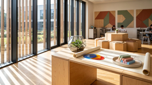 Modern biophilic interior in sustainable architectural style, warm natural wood tones, representing collaborative creative learning space and eco-friendly workspace