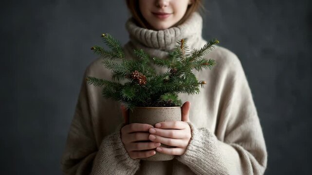Stylish of woman in knitted sweater with small potted plant featuring berries and pine needles, set against dark background.