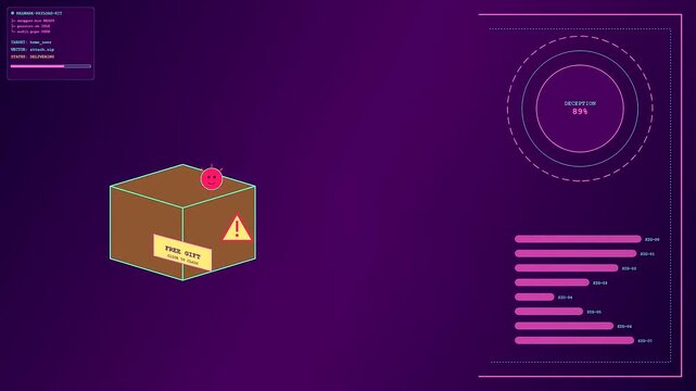 A digital phishing vector visualization displays a suspicious brown cardboard box animated with a warning triangle symbol and interface loading bars on purple screens