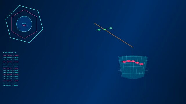 A digital phishing vector animation displays synthetic fish being harvested into a net with numerical metrics glowing against a dark blue gradient screen interface surface area