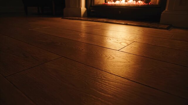 Glowing fireplace light casting warm reflections on a wooden floor in a dark room. Cozy atmosphere in a home interior with parquet planks and hearth illumination.