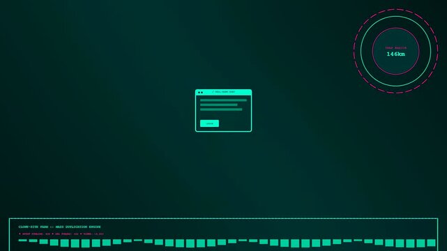 A digital phishing vector creates multiple fake login windows on a dark glowing interface display as a malicious cyber attack unfolds in this network monitoring animation