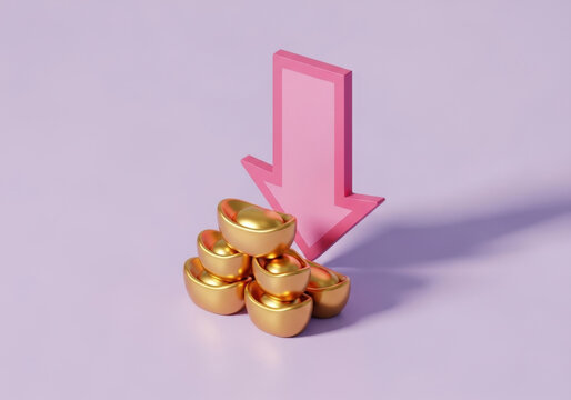 Isometric illustration of golden ingots placed under large pink downward arrow symbolizing economic recession or decrease in gold prices concept.