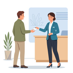 Fototapeta premium Businesswoman handing a business card to a businessman at reception desk, modern flat illustration