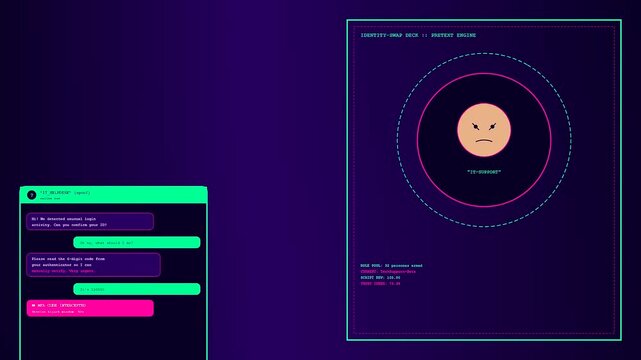 A sophisticated phishing vector sequence depicts digital interfaces with animated circular avatars displaying diverse facial expressions during a simulated cyber security fraud attempt on dark screens