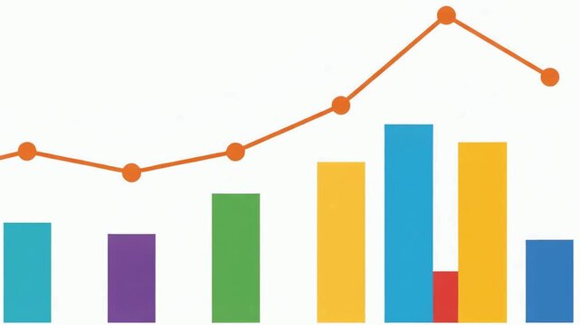 Business growth statistics chart with multi-colored bars and an orange line graph showing upward trend and data analysis