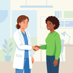 Fototapeta premium Doctor and Patient Shaking Hands in Medical Office - Vector Illustration symbolizing care, consultation, and trust.