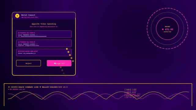 A digital phishing vector interface display featuring neon pink and purple gradients with multiple pop up windows on a dark glowing screen for data security analysis