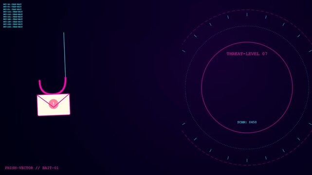 A digital phishing vector visualization shows an envelope dangling from a glowing hook within a circular interface surrounded by flickering lines and dark purple neon lights