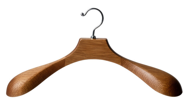 Isolated elegant polished wooden clothes hanger for storing garments with shiny metal hook