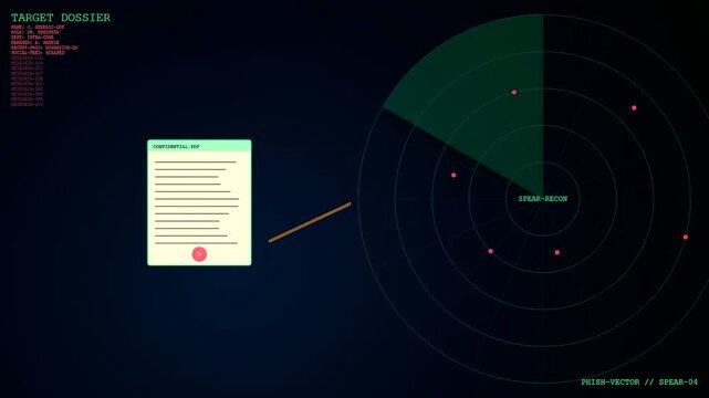 A digital phishing vector simulation shows document files moving toward radar interface monitoring panels in this sequence of animated screen graphics within a dark room