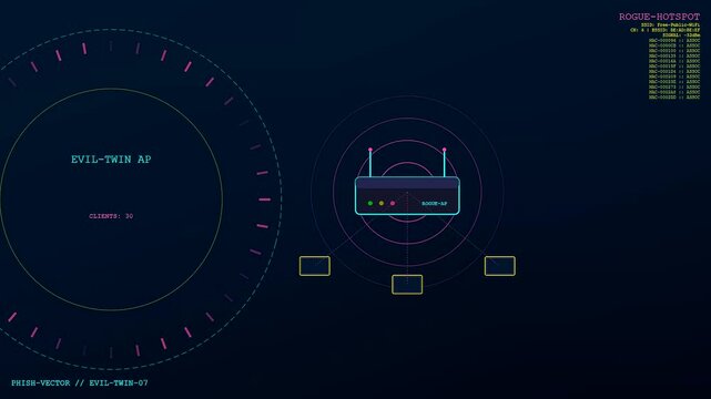 A digital phishing vector visualization displays network traffic patterns across three sequential panels showing growing client connections and data nodes in a dark minimalist interface display