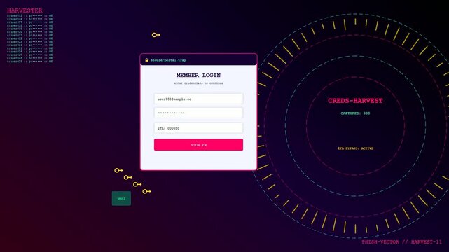 A digital phishing vector interface display featuring glowing radar graphics with simulated login prompts and scrolling console text elements rendered in deep dark purple lighting