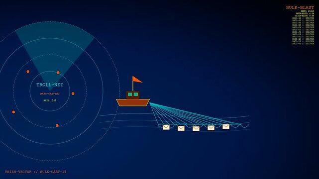 A digital phishing vector visualization displays automated data trawling across a deep blue interface where small mail icons are caught by a boat net