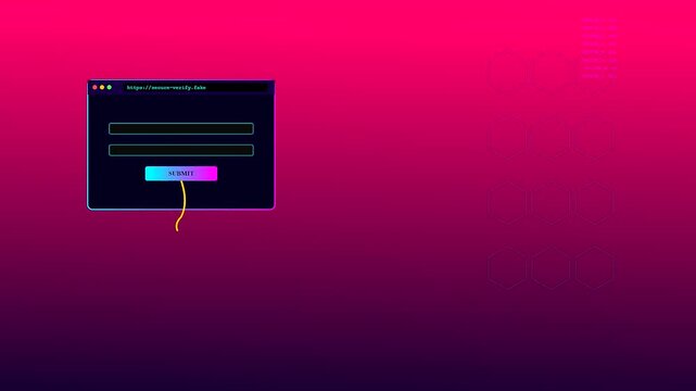 A digital phishing vector displayed on a dark glowing interface demonstrates malicious intent during an animation sequence featuring multiple login fields with neon pink gradients