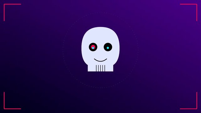A digital phishing vector icon is animated across three distinct frames showing a circular white skull with shifting colored eyes against a dark purple gradient backdrop
