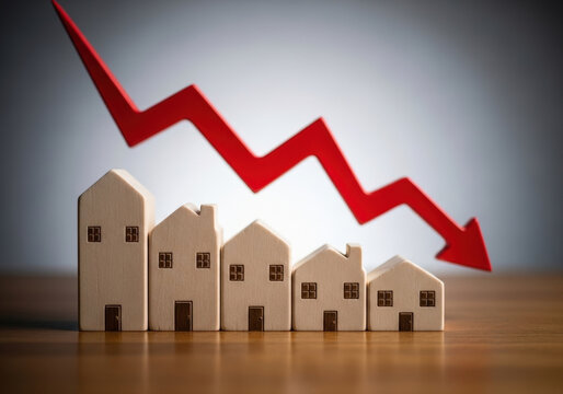 Miniature wooden houses placed in decreasing order of height with large red arrow pointing downwards signifying decline in real estate market value.