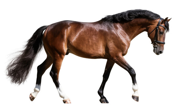 Isolated elegant brown horse with black mane and tail walking gracefully, wearing a bridle.