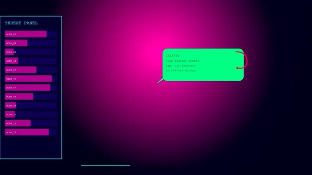 A digital phishing vector displayed on a glowing screen with magenta radial gradients representing an urgent security breach notification for a system access alert