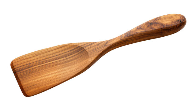 Isolated handcrafted wooden kitchen spatula made from olive wood, cooking utensil