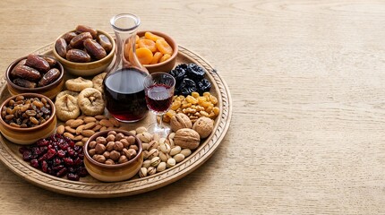 Fototapeta premium Traditional Tu BiShvat Holiday Tray with Dried Fruits Nuts and Wine Tu BiShvat Holiday Jewish Tradition Traditional Treats Food Dried Fruits Dates Figs Raisins Apricots Nuts Almonds Walnuts