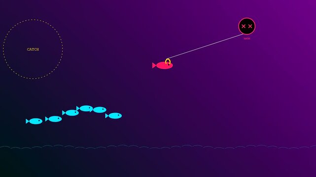 A digital phishing vector animation illustrates a red hook capturing blue fish symbols on a gradient dark purple surface with smooth fluid motion sequences