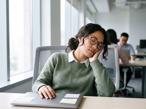 Generative AI, Tired businesswoman feeling exhausted and sleepy at her office desk