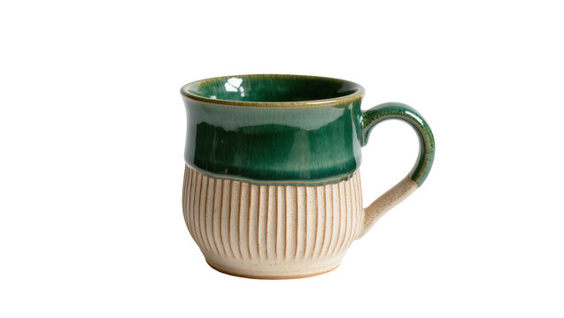 Isolated handmade ceramic mug with green glaze and beige ribbed texture for hot beverages