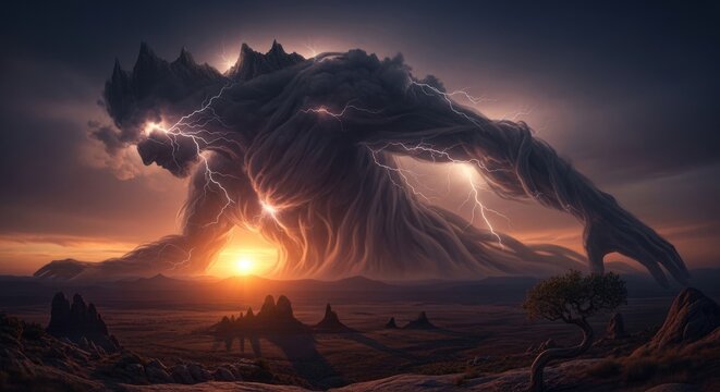 Massive cloud titan with lightning in desert during golden hour