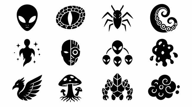 Alien and sci-fi monster silhouettes representing extraterrestrial life and mutant creatures.
