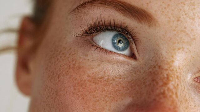 A close-up featuring a person's face with visible freckles on the nose and cheek. The individual has striking blue eyes.