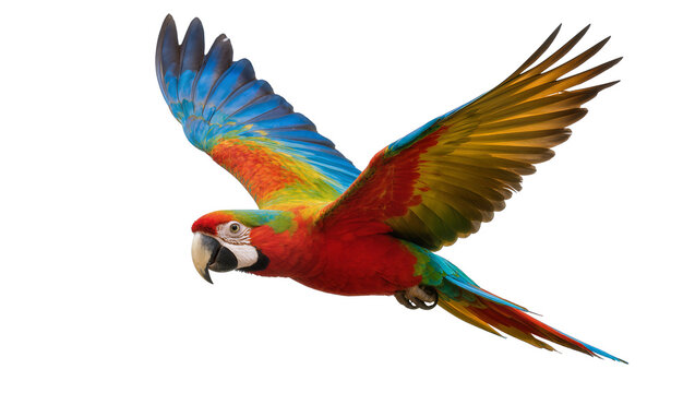 Isolated vibrant colorful macaw parrot flying with spread wings, exotic tropical bird in motion