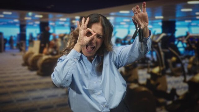 Middle aged hispanic woman holding car keys and making ok sign to eye in a gym building; playful confidence.