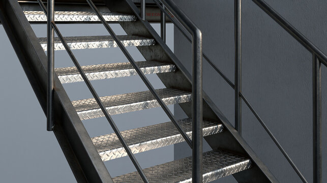Black industrial metal staircase with diamond plate steps against a gray wall. Modern architectural design concept for industrial and construction projects.